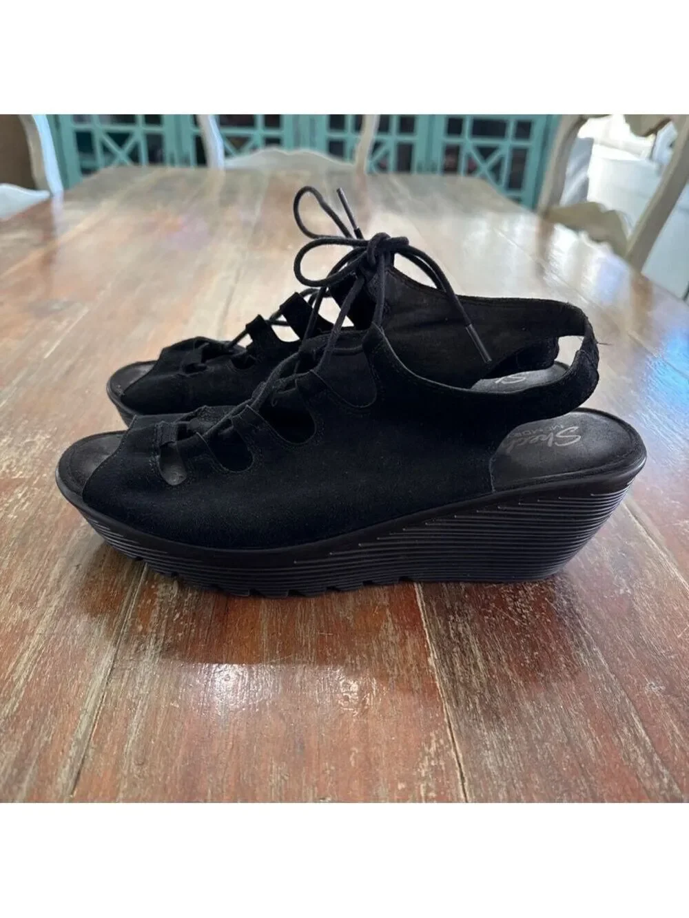 Skechers Black Suede Ghillie Lace-Up Peep Toe Wedges - Women's Size 9.5